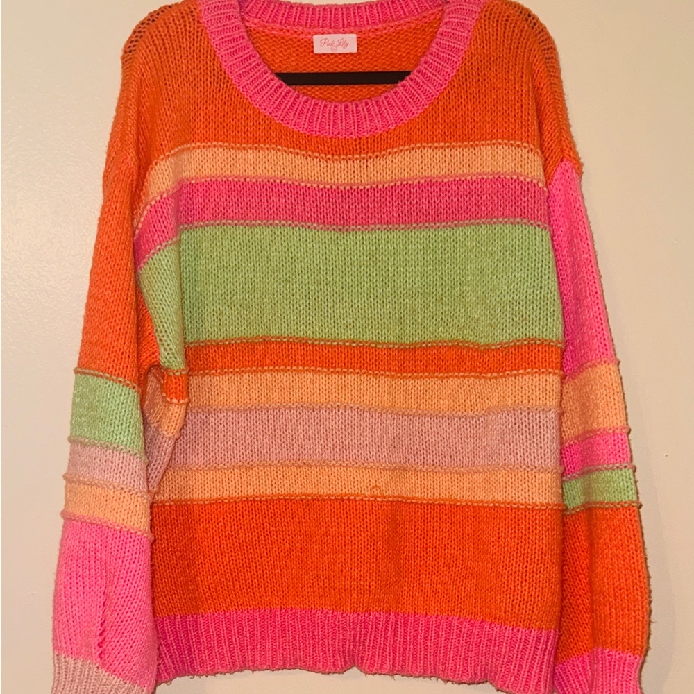 Pink Lily Neon Striped Sweater – Orange, Pink, Mint